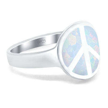 Peace Sign Ring Inlay Round Lab Created White Opal 925 Sterling Silver
